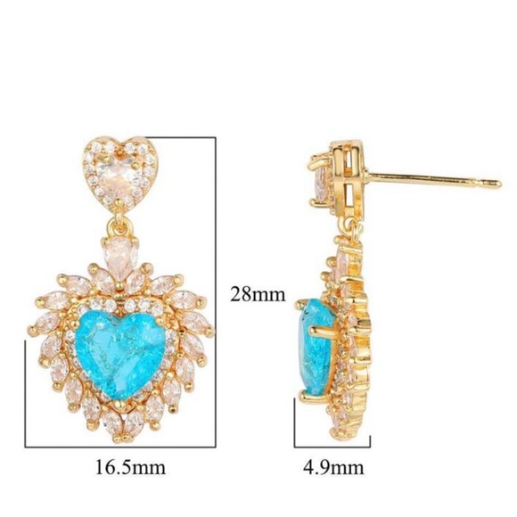 Cubic Zirconia, Blue Crystal Heart Decor Drop Gold tone Glam Luxury Earrings - Picture 4 of 8